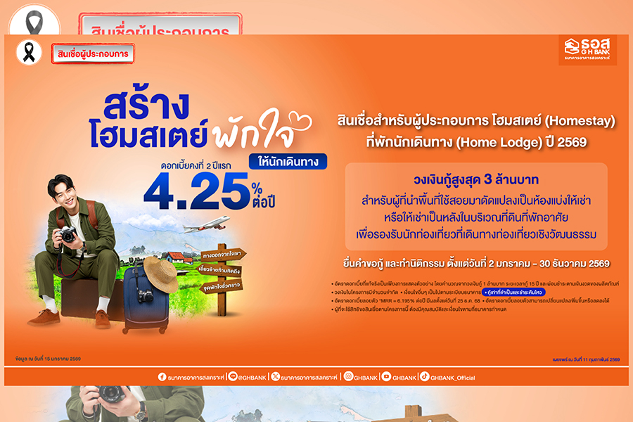 ธอส.หนุนโฮมสเตย์–โฮมลอดจ์ ดันเงินท่องเที่ยวสู่ชุมชน ดอกเบี้ย 4.25%