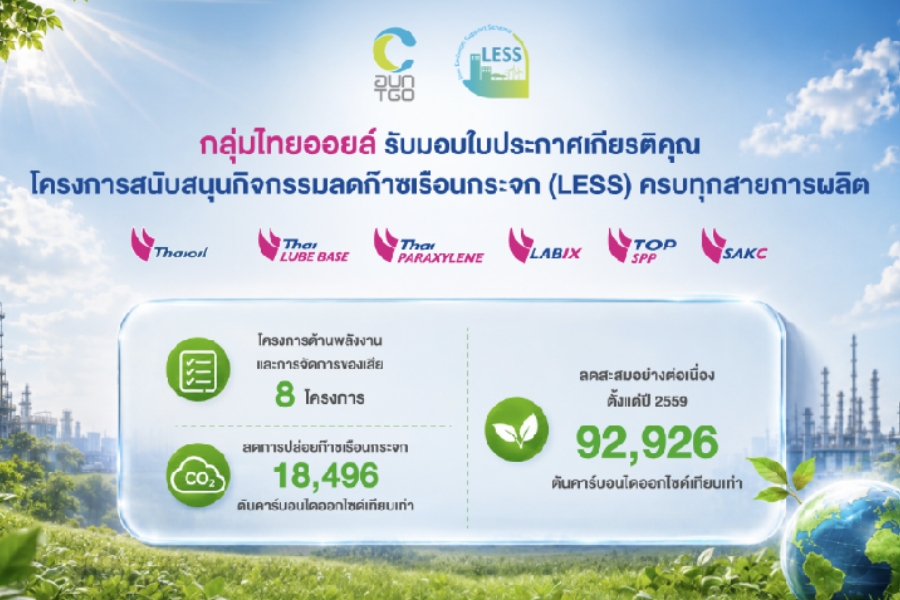 กลุ่มไทยออยล์ รับมอบใบประกาศเกียรติคุณโครงการ LESS ครบทุกสายการผลิต