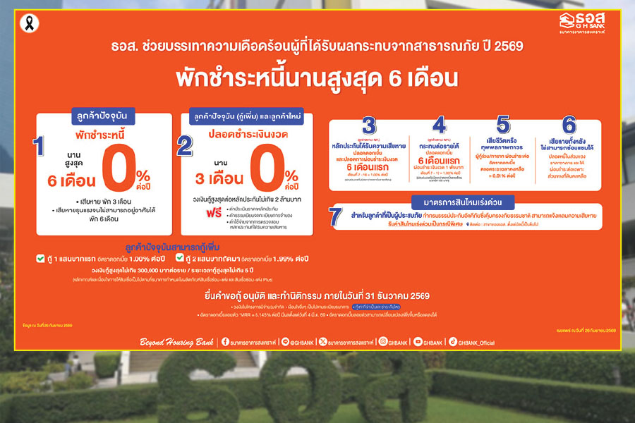 ธอส. ออก 7 มาตรการ พักหนี้–ดอกเบี้ย 0% ช่วยผู้ประสบภัย